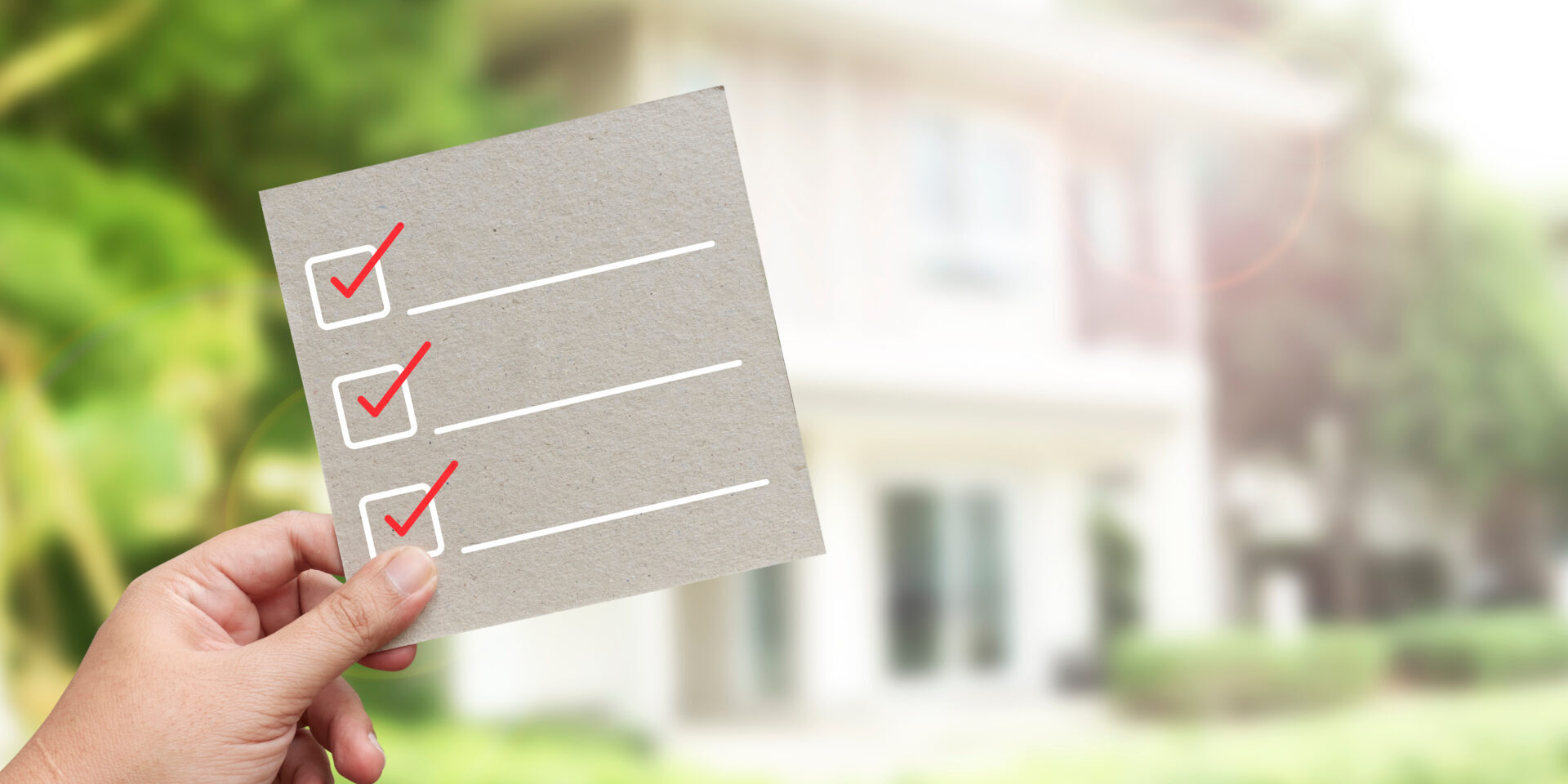 Hand Holding Brown Paper With Check Mark Symbol Against New House Background