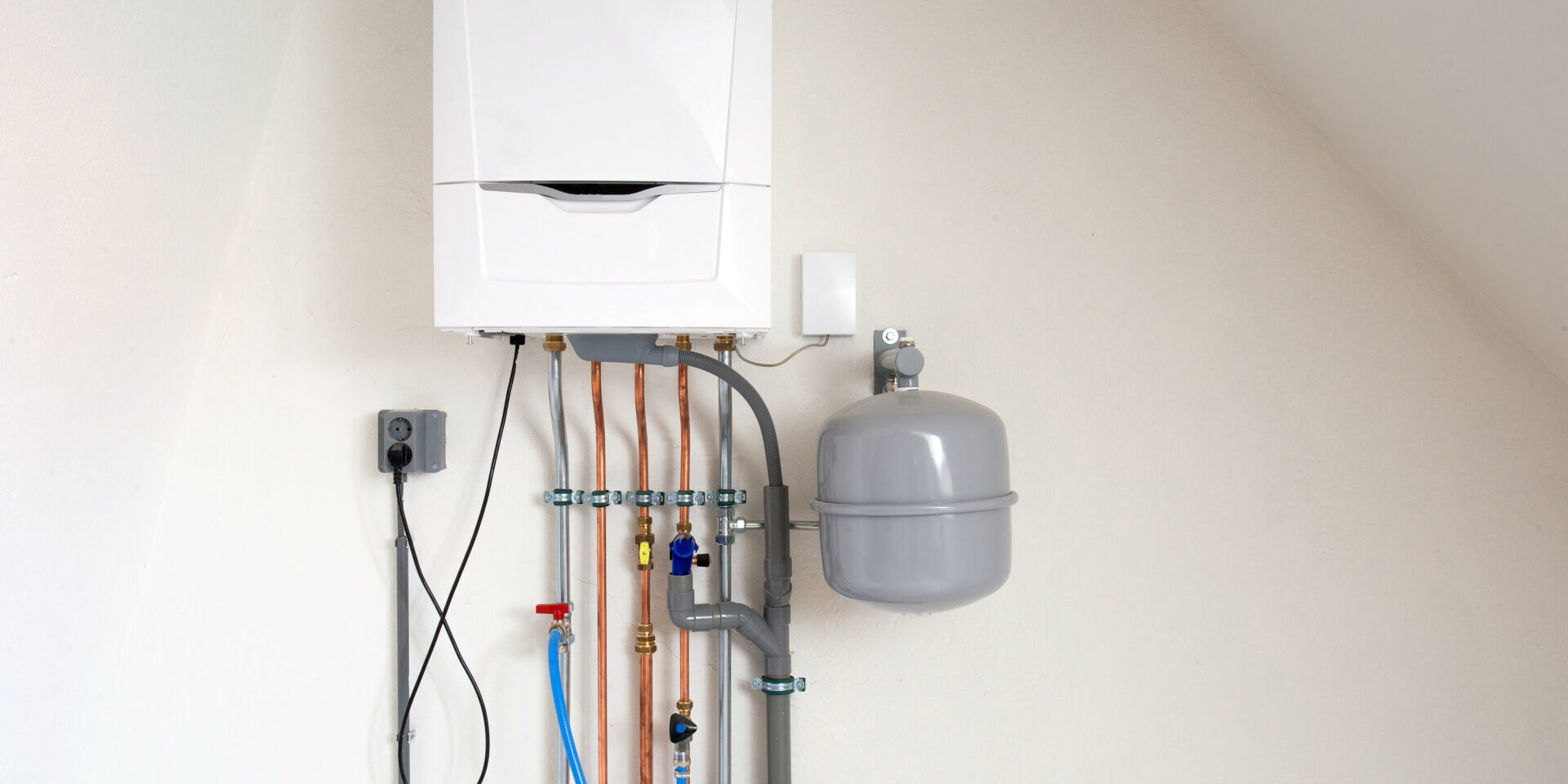 New Gas Boiler, Heating System With Copper Pipes, Valves And Other Equipment In A Boiler Room Gas Heater System, Modern In New House