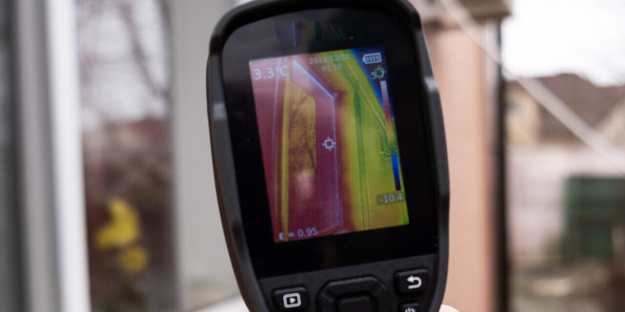 A Male Hand Holds A Thermal Imager At The Window Of A House. Search For Heat Loss In Private Houses.